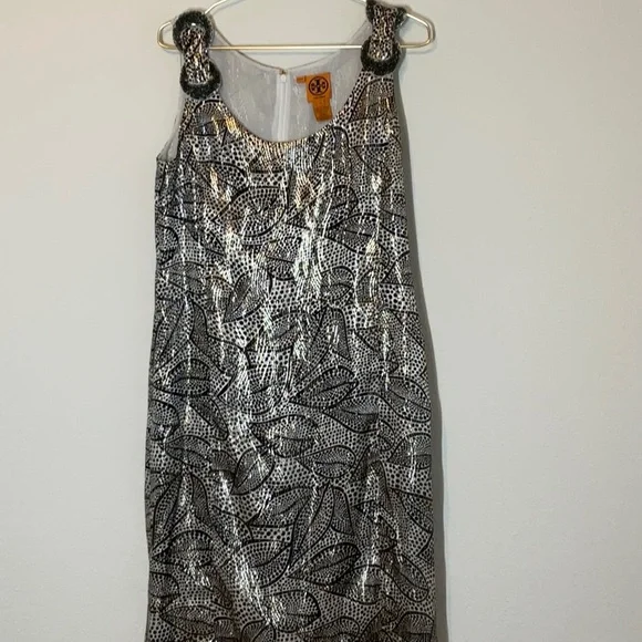 Tory Burch Silk Blend Jaquard Sleeveless Sheath Dress Metallic Size 12 - Picture 2 of 11